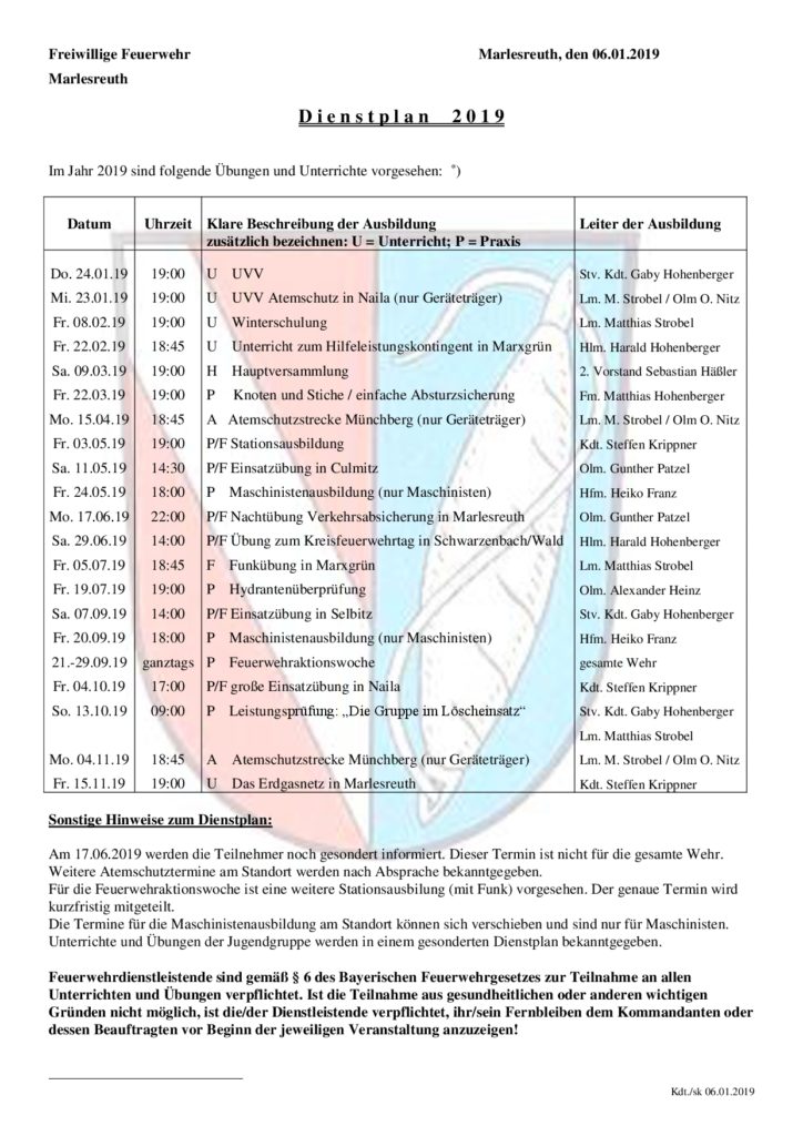 Dienstplan 2019